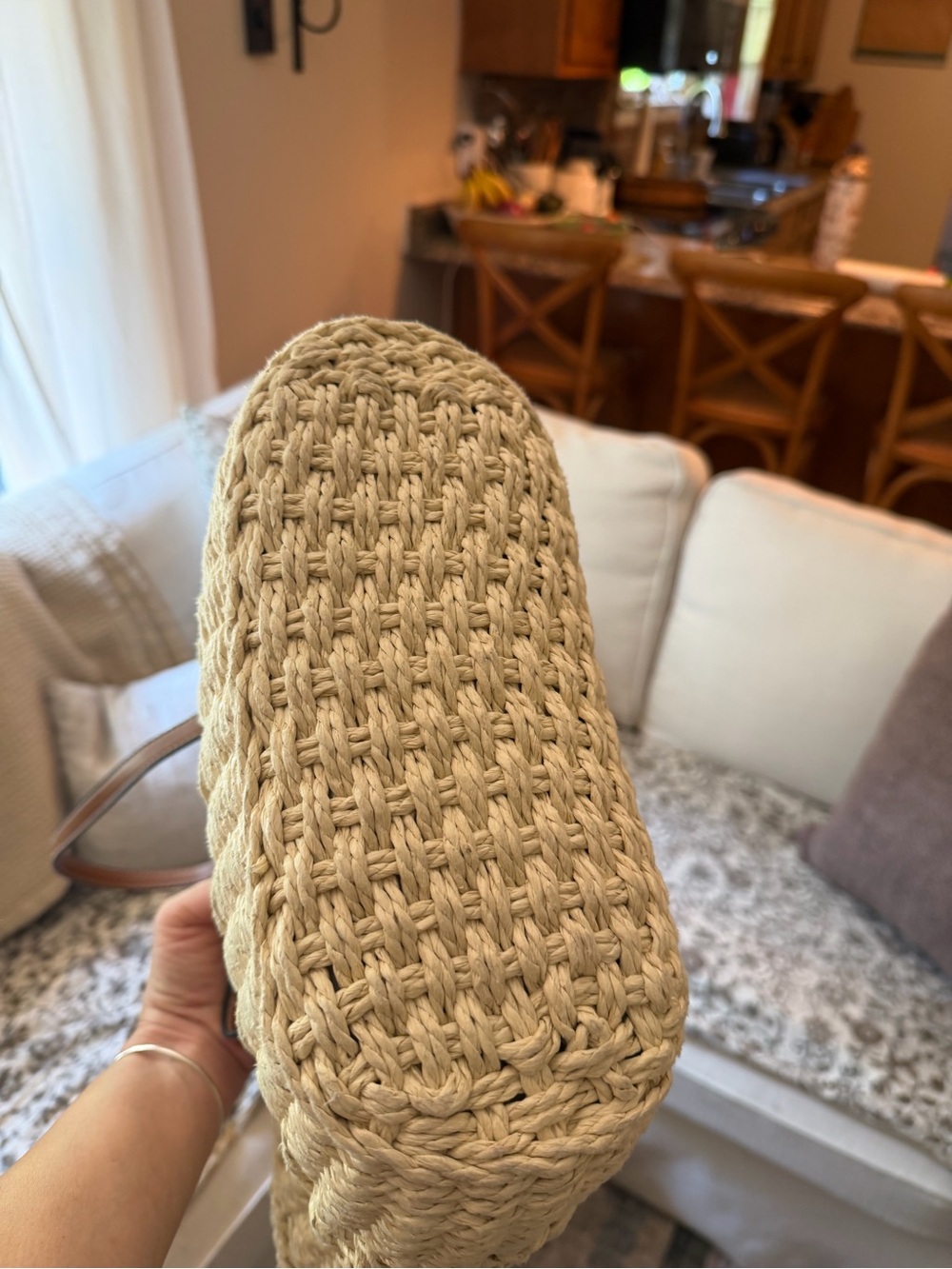 Woven Straw Tote Bag with Brown Leather Handles - Picture 3 of 4
